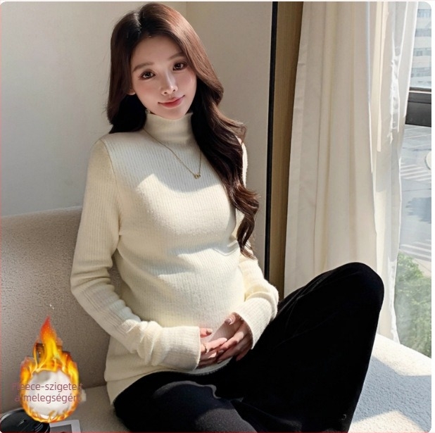 Kismama kötött felső magas gallérral, fleece béléssel a őszi–téli meleghez, karcsúsított szabás