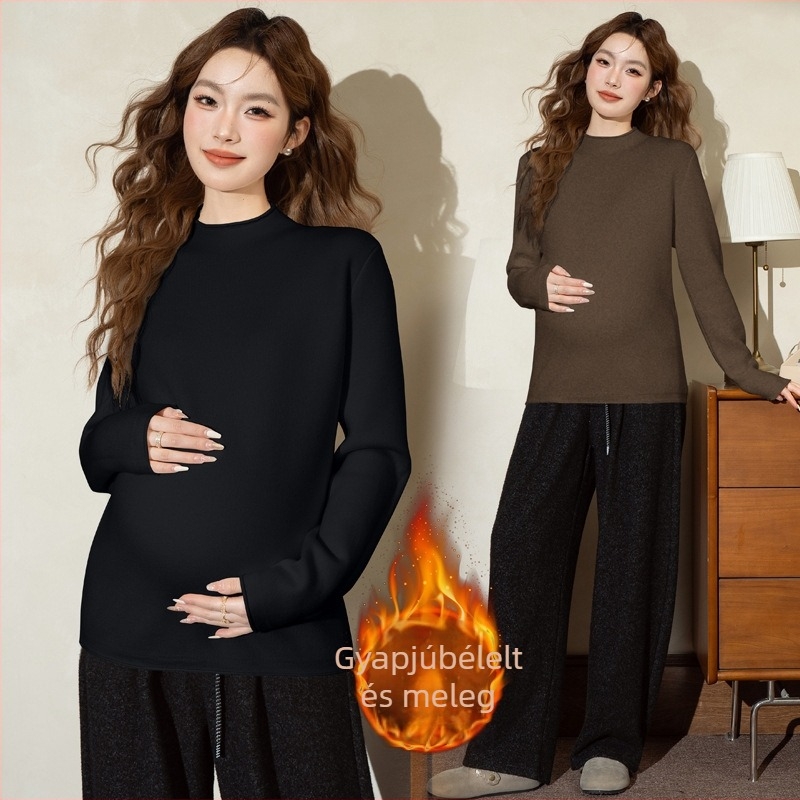 Kismama kötött pulóver fleece béléssel, vastag, laza szabás, félnyakú gallér, hosszú Ujjú, koreai stílus