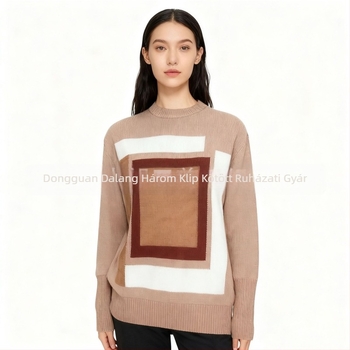 Kasmír jacquard kötött pulóver geometriai mintával, kerek nyakú, lazán szabott, hosszú ujjú