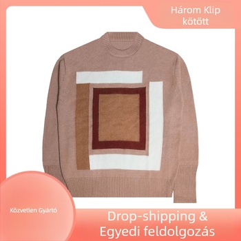 Kasmír jacquard kötött pulóver geometriai mintával, kerek nyakú, lazán szabott, hosszú ujjú