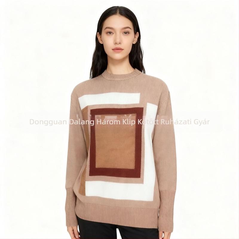 Kasmír jacquard kötött pulóver geometriai mintával, kerek nyakú, lazán szabott, hosszú ujjú