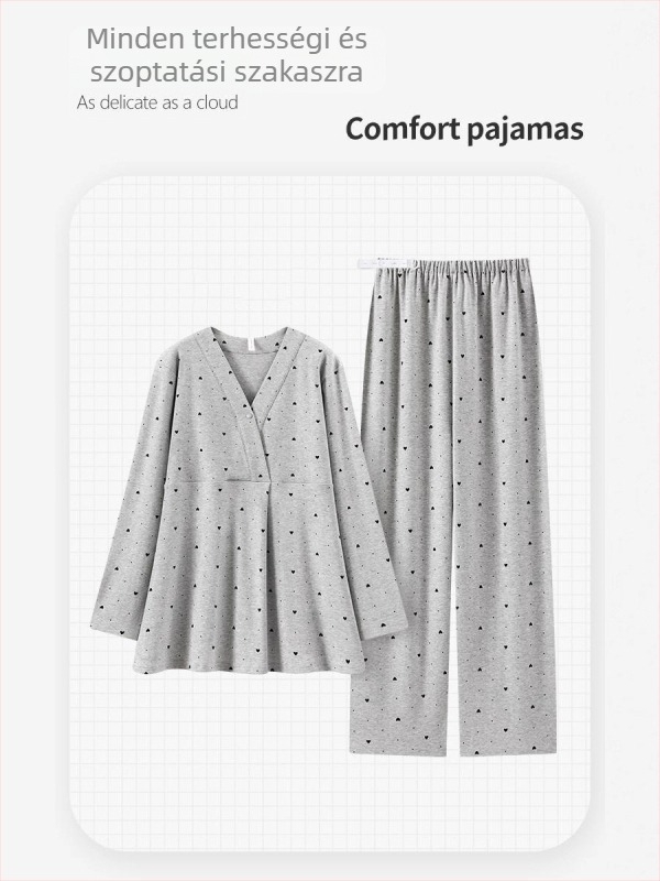 Szoptatós kismama pizsama melltámaszos betétekkel — két részes készlet, hosszú ujjú, V-nyak, geometriai mintázat, pamut-poliészter spandex