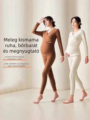Kismamák számára tervezett melegítő alsó-felső készlet fleece béléssel – vastagított, kapucnis, karcsú szabás, tél 2025