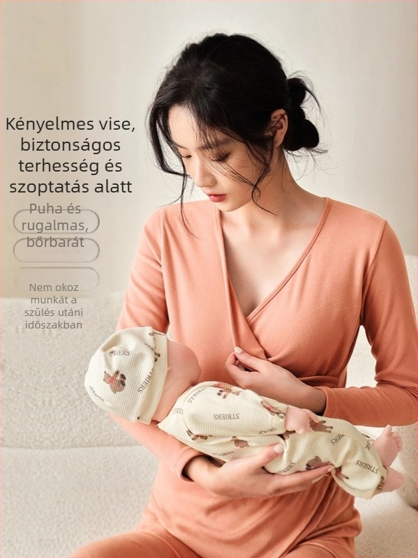 Kismamák számára tervezett melegítő alsó-felső készlet fleece béléssel – vastagított, kapucnis, karcsú szabás, tél 2025