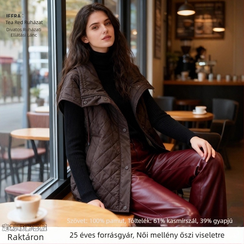 Női kardigán-vest, lazító stílus, középhosszú, magas gallér, pamut-kasmír töltet