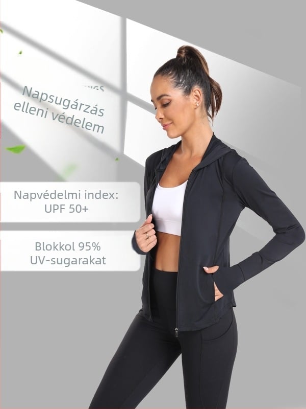 Női UPF50+ vékony, légáteresztő napsugárzás elleni dzseki cipzárral, poliészter és spandex anyagból, hosszú ujjú