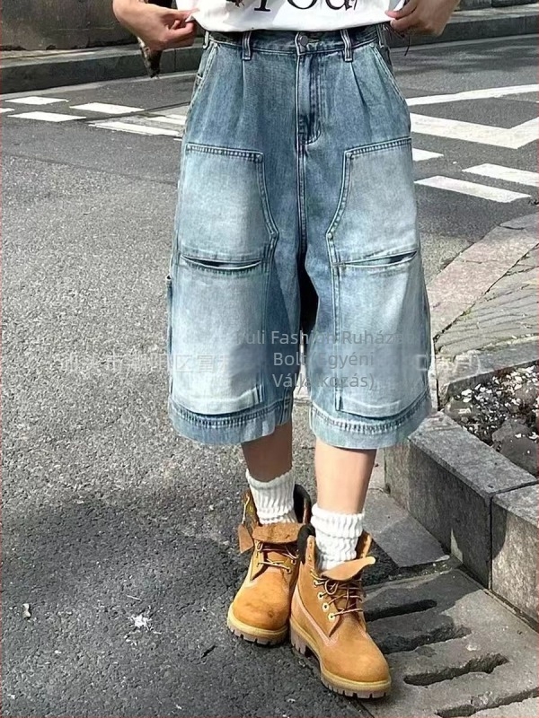 Farmernadrág rövid, egyenes szárú, több zseb, cropped hossz, középmagas derekú, zipzár