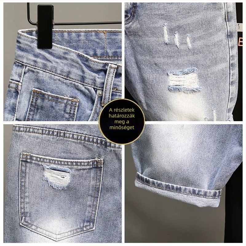 Férfi denim rövidnadrág, szakadt részletek, hip-hop stílus, egyenes szabás, vékony anyag, poliészter