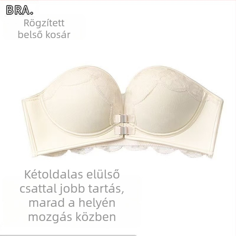 Elöl záródó, váll nélküli tube-top melltartó, levehető dupla pántokkal, 1/2 kosár, nejlon, csipke, hát nélküli
