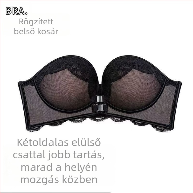 Elöl záródó, váll nélküli tube-top melltartó, levehető dupla pántokkal, 1/2 kosár, nejlon, csipke, hát nélküli