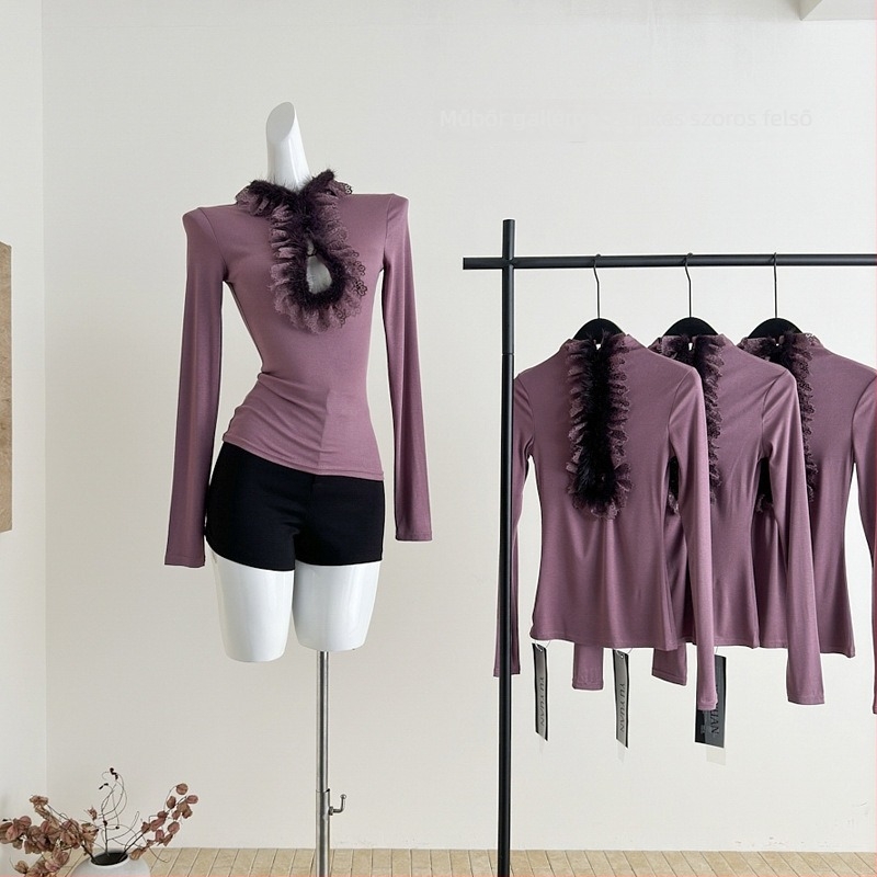 Poliészter anyagú kapucnis felső, hosszú ujjú, kerek nyakú, slim fit