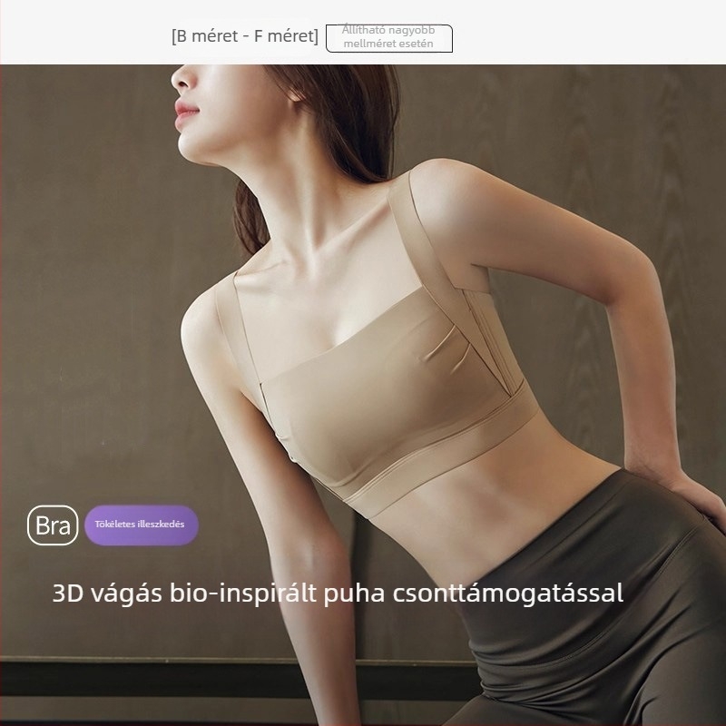 Vezeték nélküli sima sportmelltartó, teljes kosár, vékony formázott kosár, csőtop stílus, fix vállpántok, hátul négy sor horog-zár