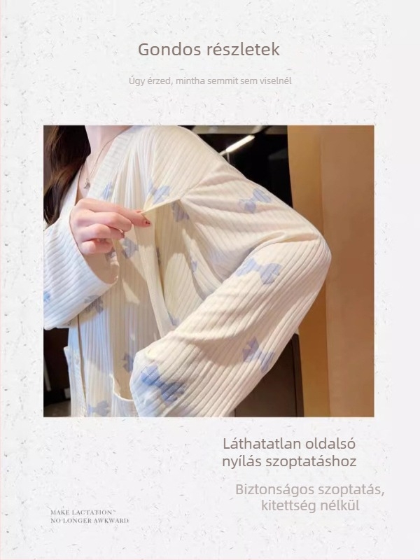 Csíkos anyasági pizsama szoptatásra, hosszú ujjú, nadrágos, szoptatási nyílás, kötött anyag—pamut-poliészter (pamut 30–50%, poliészter 50–70%)