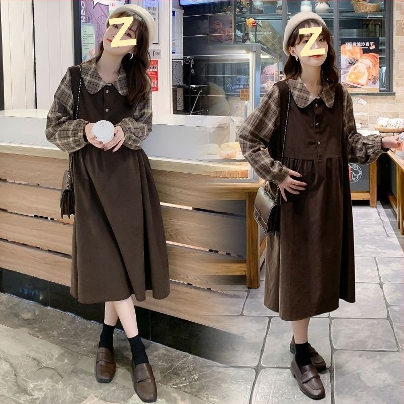 Terhes női ruha kockás mintával, négyzetes gallérral, hosszú ujjú, Chenille anyag