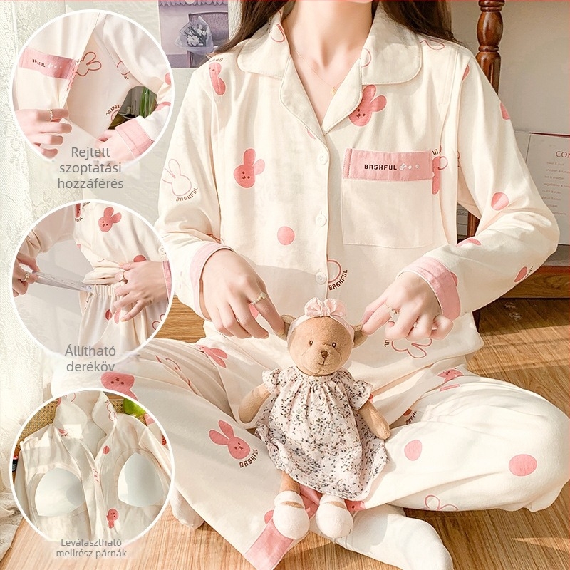 Szoptatós pizsama előnyílással, hosszú ujjú, kétszínű bolyhos pamut, mintás nyúl, nadrágos szett, tavasz 2023