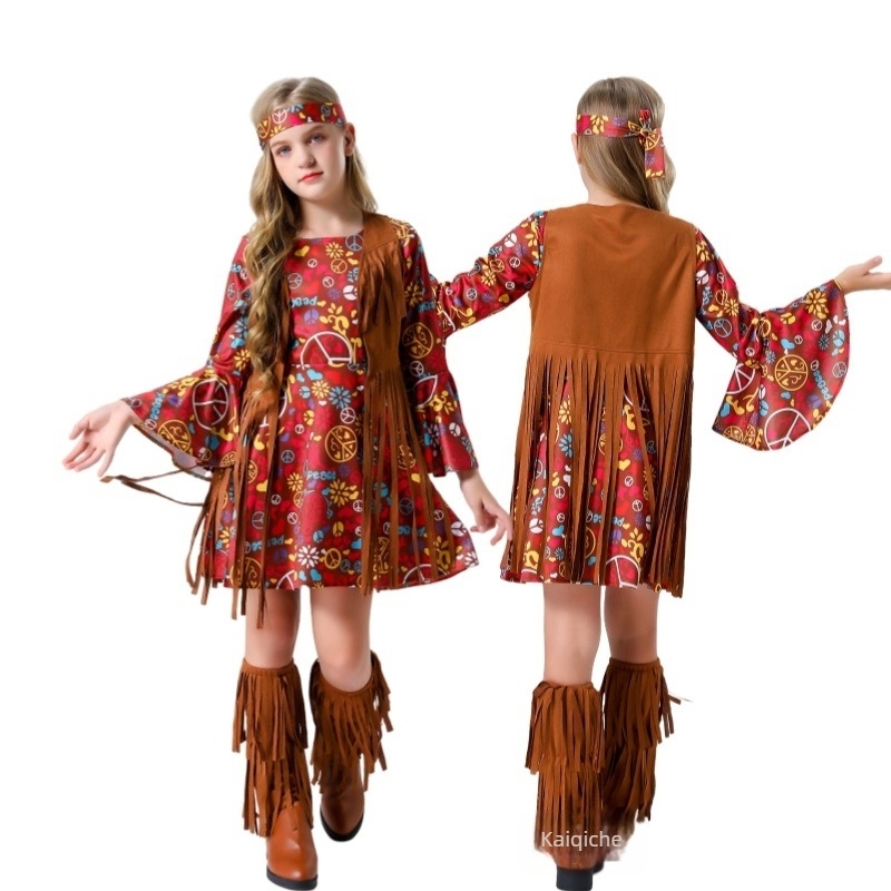 Színpadi kosztüm hippie–rock stílussal nőknek, spandex anyagból, 2024 őszén megjelenés, 17 év alattiak számára