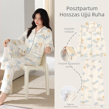 Szülés utáni női pizsama diszkrét oldalsó nyitással — 100% pamut, hosszú ujjú, nadrágos, őszi-téli otthoni viselet