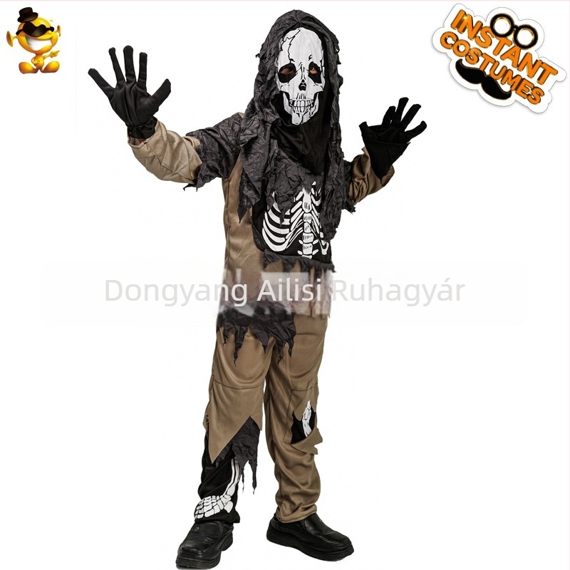 Fiú Halloween rongyszellem jelmezkészlet csontváz mintával, színpadi előadásokhoz