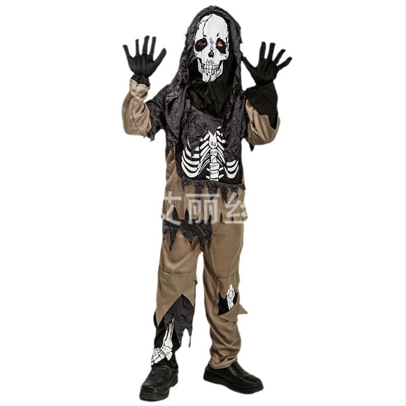 Fiú Halloween rongyszellem jelmezkészlet csontváz mintával, színpadi előadásokhoz