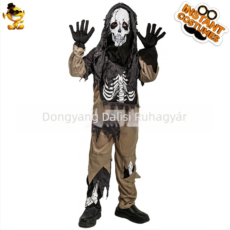 Fiú Halloween rongyszellem jelmezkészlet csontváz mintával, színpadi előadásokhoz