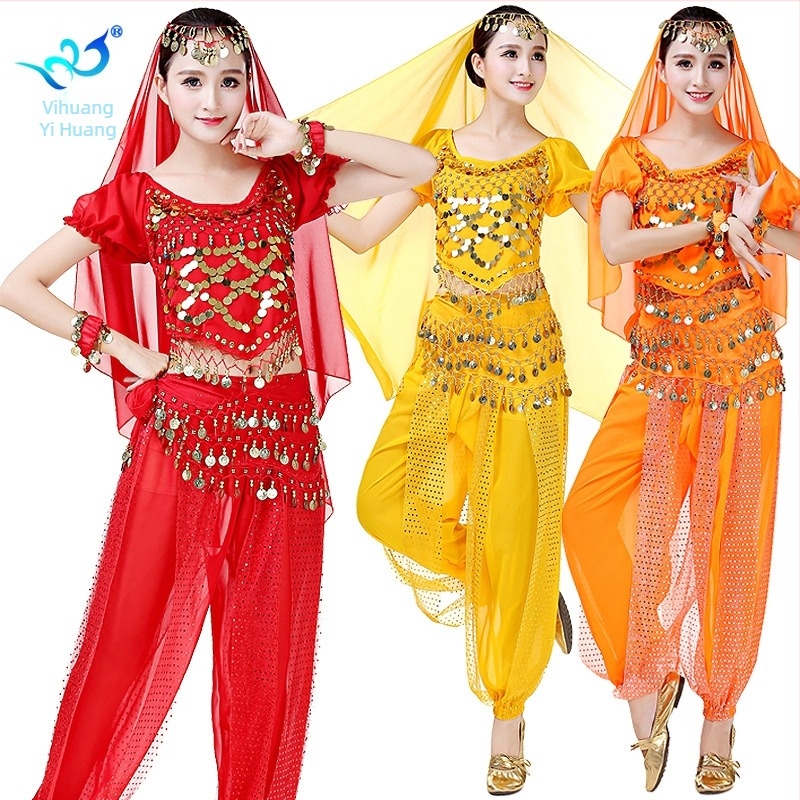 Színpadi öltözet belly dance és indiai tánc számára, csillogó lantern fazonú nadrágokkal – verseny szett