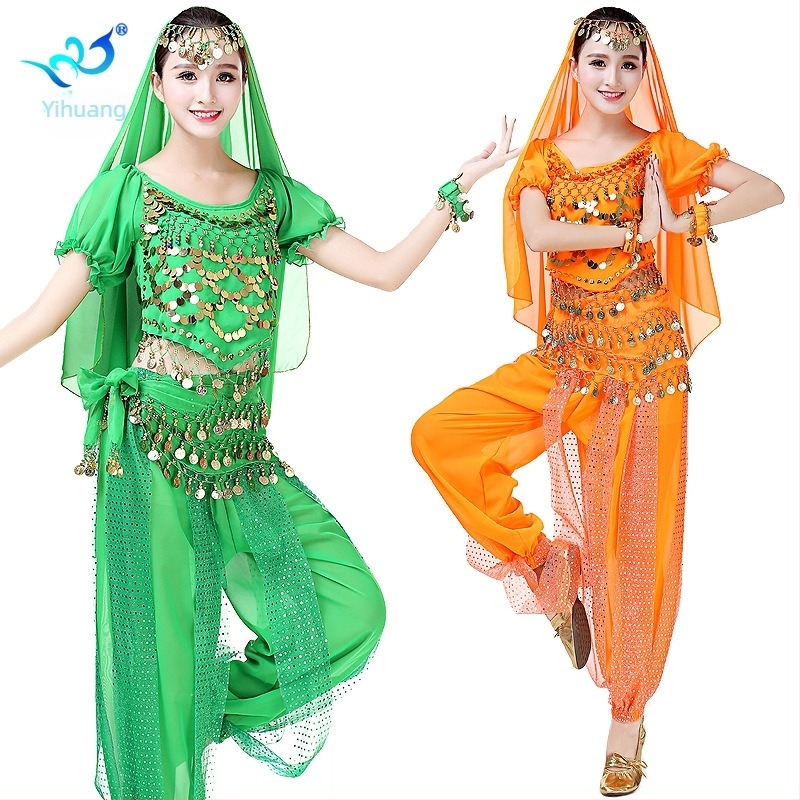 Színpadi öltözet belly dance és indiai tánc számára, csillogó lantern fazonú nadrágokkal – verseny szett
