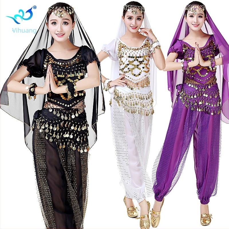 Színpadi öltözet belly dance és indiai tánc számára, csillogó lantern fazonú nadrágokkal – verseny szett