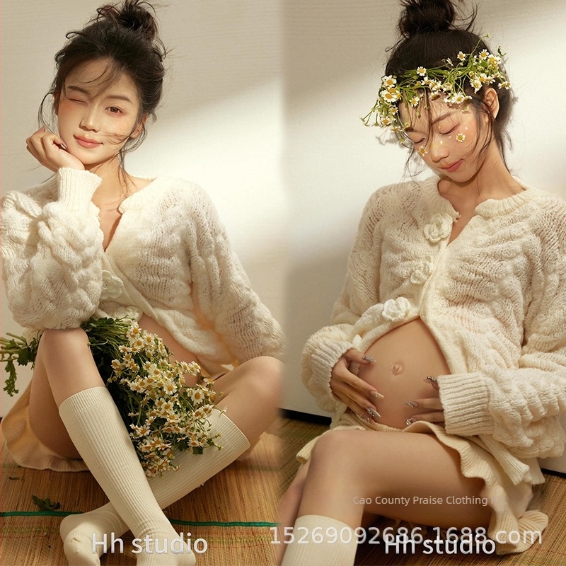 Várandós fotózáshoz szánt pulóveres szett – hosszú karú, poliészter anyag, poliészter arány 50–70%, 2024 ősz, friss és édes stílus