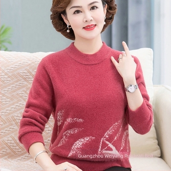 Női Mink velúr és gyapjú keverék pulóver, lazább szabás, fél magas gallér, hosszú ujjú, virágos mintázat