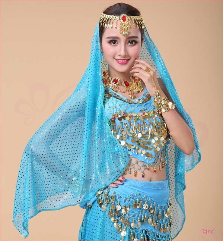Hasfejdísz belly dance-hez fátyollal és selyemsállal, medálos fejlánccal a homlokon, indiai tánc előadásokhoz