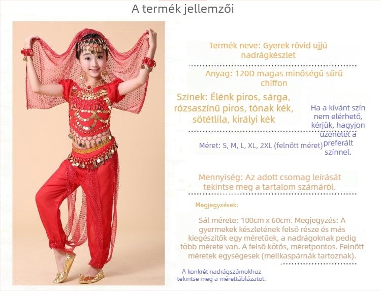 Gyerekeknek szóló Belly Dance kosztüm, chiffon anyag, akril anyag, lányoknak, színpadi előadásokhoz