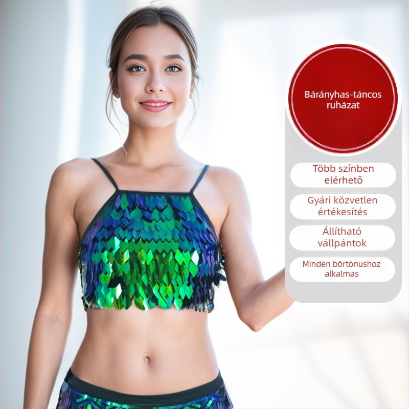 Has-tánc felső flitterekkel és bojtokkal, Spandex anyagból, fő anyag tartalma 70–80%, nőknek