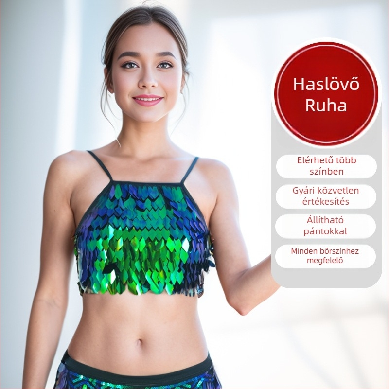 Hasizomtánc felső flitterekkel és bojtokkal – Spandex anyag, 70–80% Spandex tartalom, 2023 tavaszi kiadás