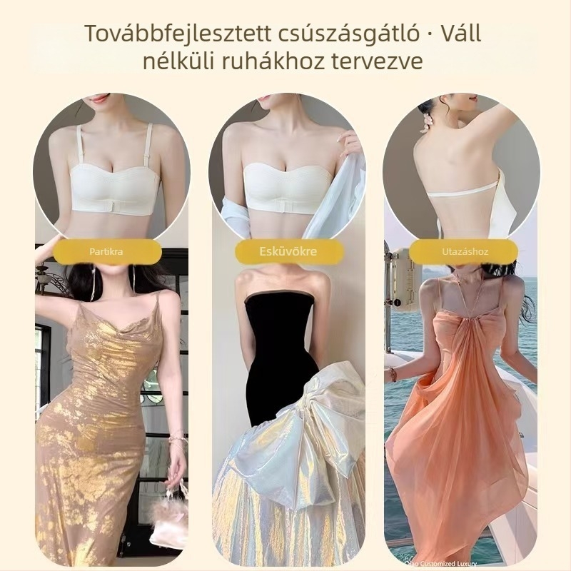 Vállpánt nélküli, láthatatlan melltartó elöl záródó, csúszásmentes slip ruhákhoz