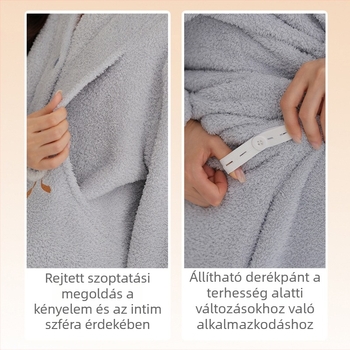Szoptatós pizsama ősz-télre, női kismama szett nagy méretben, állítható, meleg korall plüss