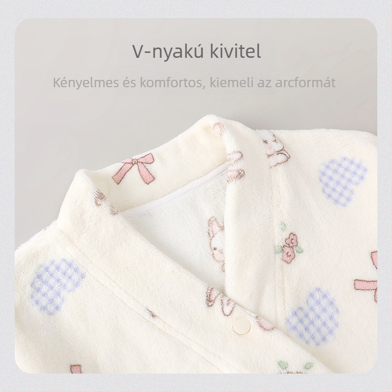 Runma Hővisszatartó téli flanelpizsama szülés utáni nőknek – női otthoni viselet hosszú ujjú, rajzfilmszerű mintával