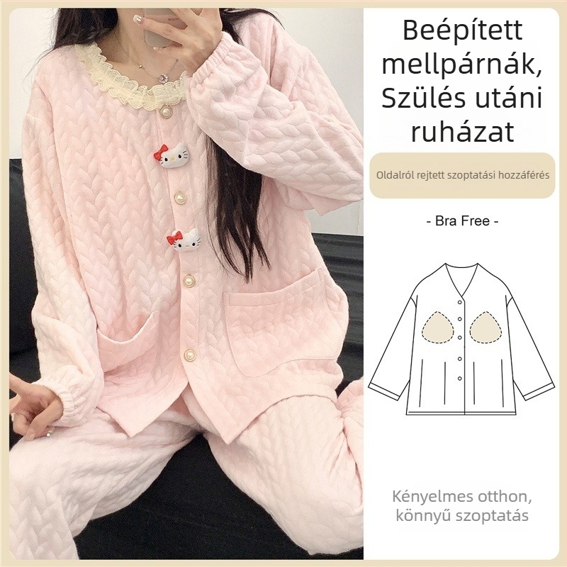 Kismama pizsama szett szoptatáshoz mellbetétekkel, légies pamut anyagból, őszi–téli otthoni viselet.