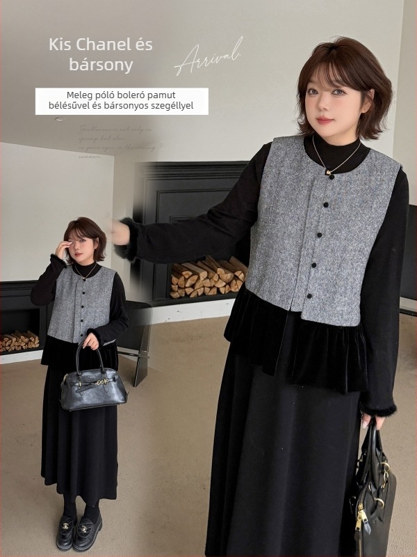 Velúr patchwork nélküli mellény kerek nyakkal, francia stílus, tél 2025, 95% poliészter