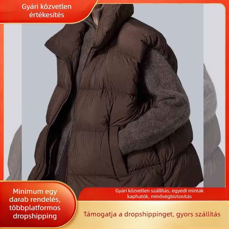 Francia stílusú, egyszínű, álló galléros, ujjatlan mellény nőknél, oversize szabás, őszi–téli külső ruházat poliészterből