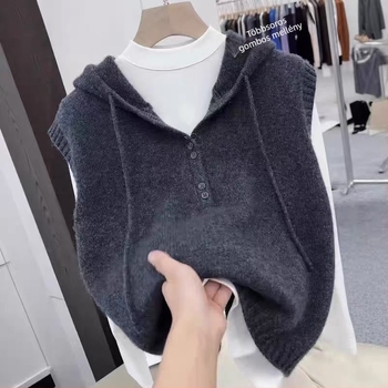 Kötött kapucnis mellény – koreai stílus, laza szabás, rövid hossz 40–50 cm, poliészter keverék anyag (30–50%), felnőtt nőknek, Ősz 2025