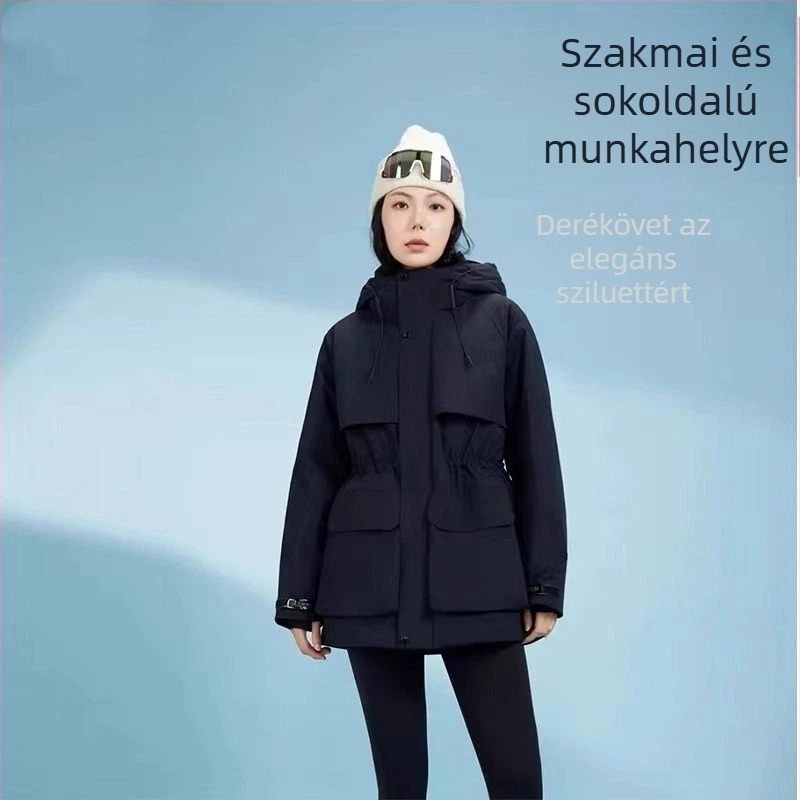 Női pehelykabát kacsa tollal töltve, 86–90% töltőtartalom, kapucni, cipzár, nylon külső