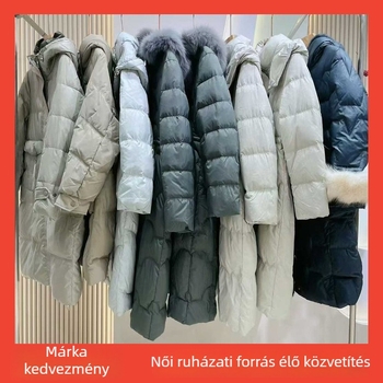 Női pehelykabát, fehér kacsapelyhek 91–95%, töltet 401–450 g, középhosszú, hosszú ujjú, külső anyag poliészter + nylon