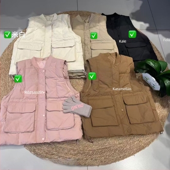 Női pehelymellény baseball gallérral, lazán szabott, 51–55% fehér kacsa pehely tartalom, poliészter anyag