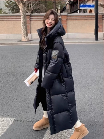 Női hosszú kacsa tollal töltött kabát kapucnival, laza szabás, vastag izoláció, nylon anyag, 201–300 g toll