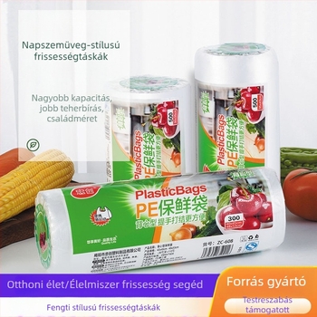 Konyhai egyszer használatos frissességmegőrző zacskók, átlátszó perforált tekercses zacskók élelmiszerek tárolására, műanyag anyag; hőállóság -60°C–140°C; mikrohullámú sütőben használható