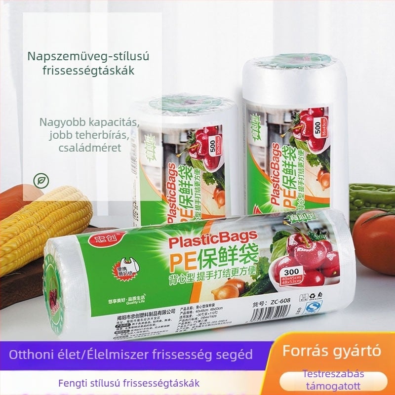Konyhai egyszer használatos frissességmegőrző zacskók, átlátszó perforált tekercses zacskók élelmiszerek tárolására, műanyag anyag; hőállóság -60°C–140°C; mikrohullámú sütőben használható