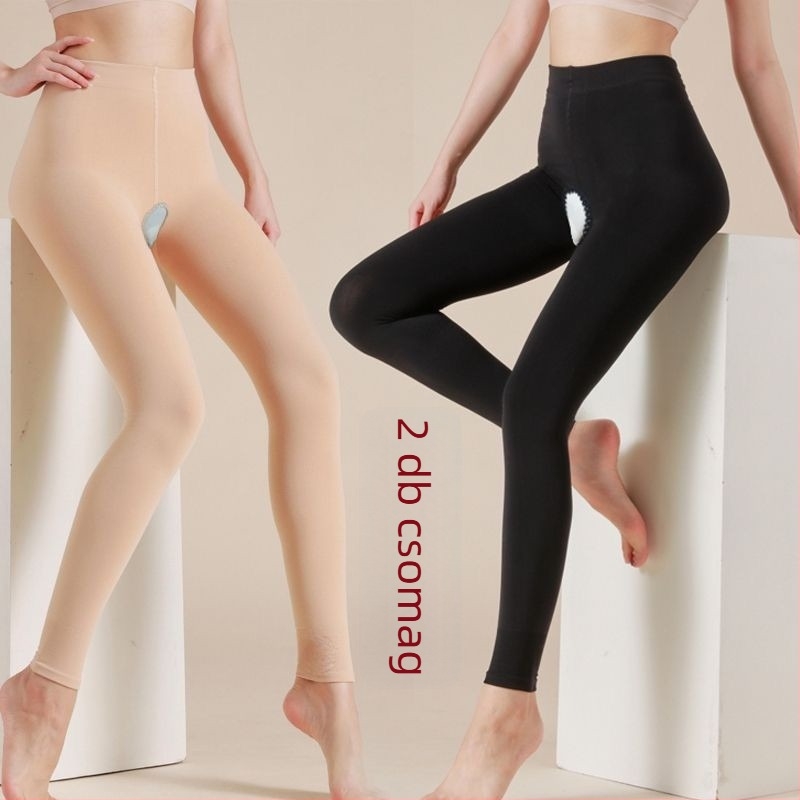 Női fleece-lével bélelt vastag harisnya, 9/10 hossz, nyitott ágyékkal, testszínű, nylon, fenékemelés és formázás