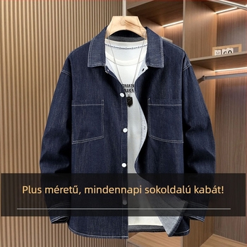 Férfi 100% pamut denim ing, plusz méret, lazán szabott, hosszú ujjú, szabálytalan zsebek.