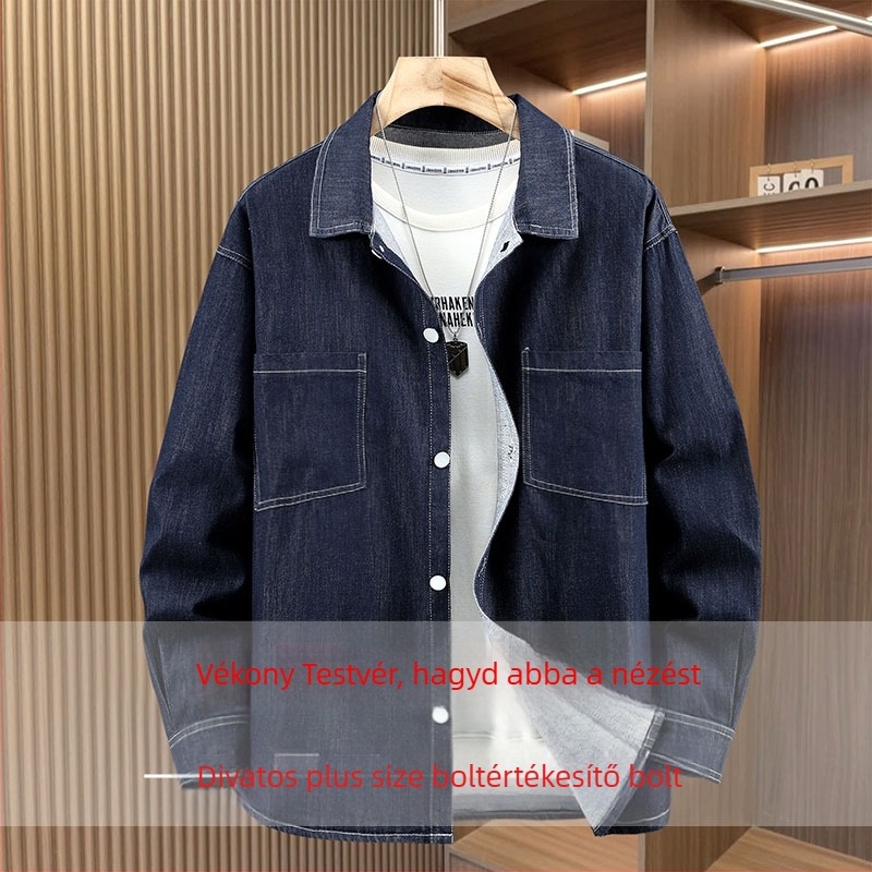 Férfi 100% pamut denim ing, plusz méret, lazán szabott, hosszú ujjú, szabálytalan zsebek.
