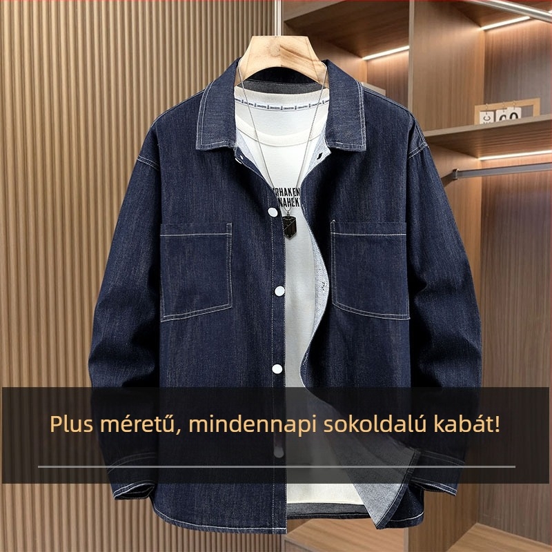 Férfi 100% pamut denim ing, plusz méret, lazán szabott, hosszú ujjú, szabálytalan zsebek.